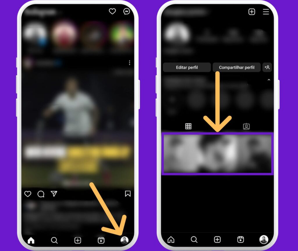 Tela inicial do Instagram destacando o botão de perfil no canto inferior direito, com setas indicando o passo para ocultar curtidas no Instagram.
