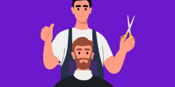 Ilustração de um barbeiro cortando a barba de um cliente, com um gesto positivo, representando atendimento de qualidade em barbearia.