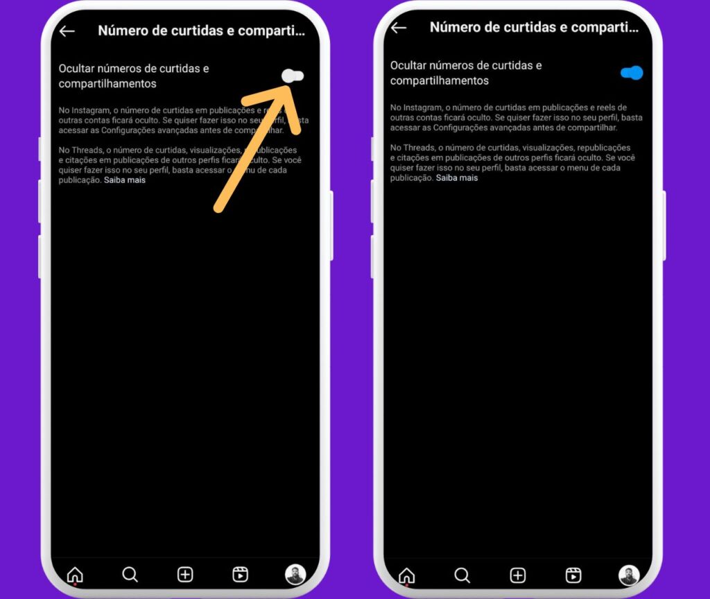 Tela de configuração no Instagram destacando a opção para ocultar o número de curtidas e compartilhamentos em publicações.