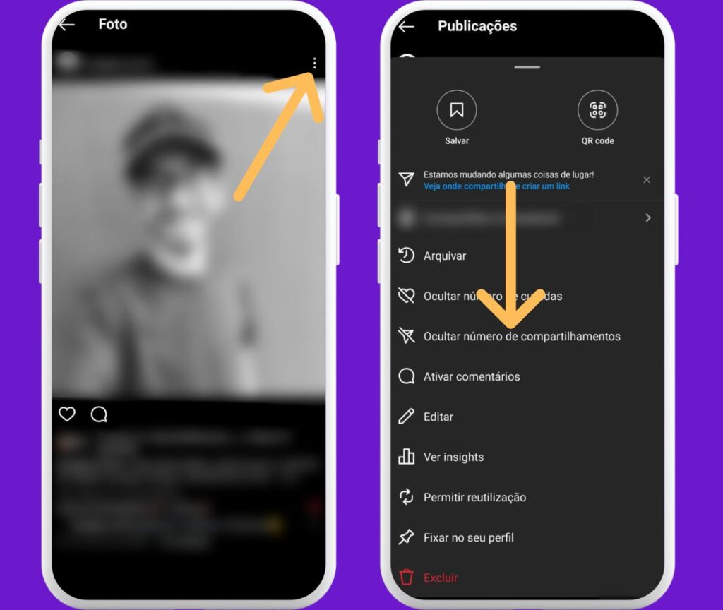 Publicação do Instagram com o menu de opções aberto, destacando o botão para ocultar o número de curtidas.