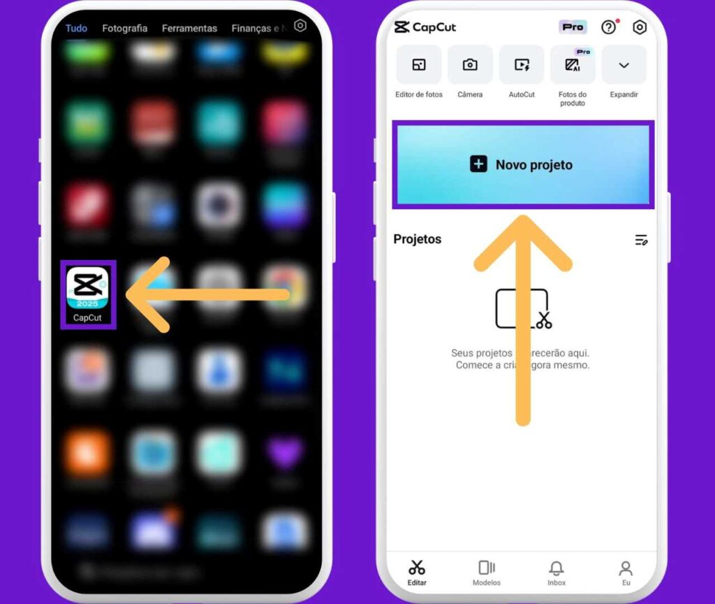 Aplicativo do CapCut com indicativos na gaveta de apps de smartphone e depois em "Novo projeto" na tela inicial do editor