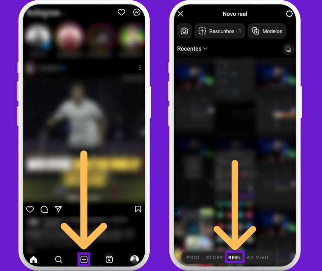 Capturas de tela do Instagram com indicativos em "+" e "Reel"