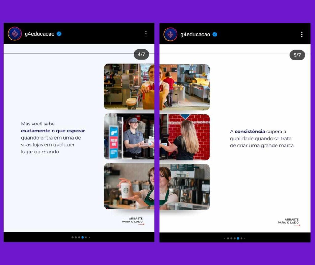 Capturas de tela de publicação de carrossel infinito da "G4 Educação" no Instagram