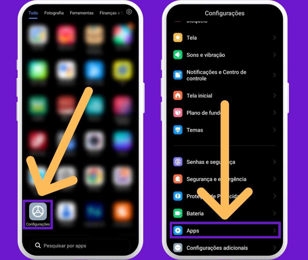 Capturas de tela mostrando como acessar as configurações de apps em um smartphone, com indicativos em "Configurações" e "Apps".