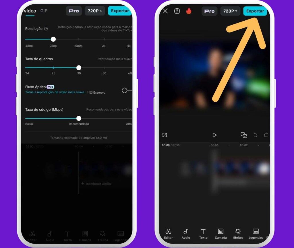 Configurações de resolução do vídeo no CapCut e indicativos em "Exportar" para realização de download