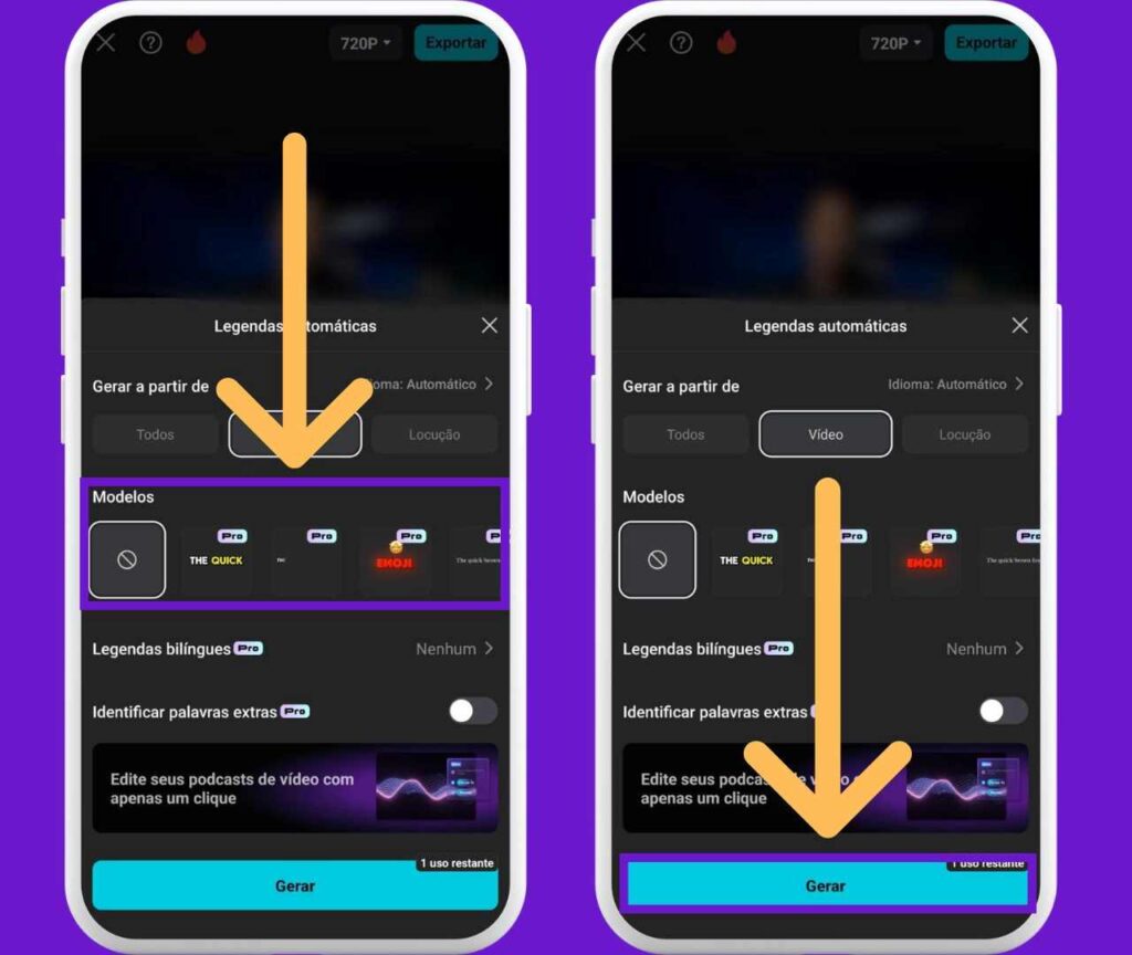 Função legendas automáticas do Capcut com indicativos em "Modelos" e "Gerar"