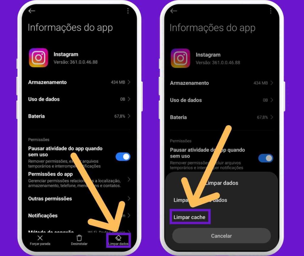 Tela de informações do aplicativo do Instagram com indicativos de onde e como limpar cache do Instagram