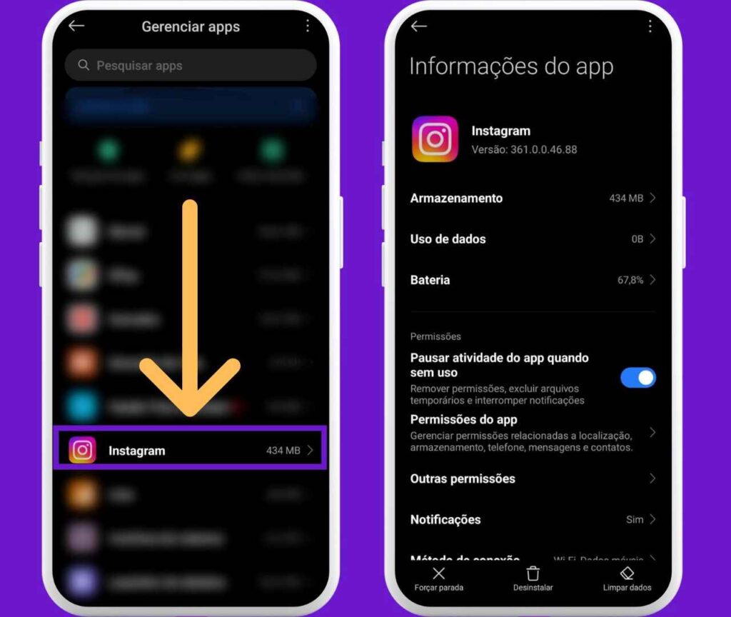 Opção "Gerenciar apps" do celular com indicativos sobre o aplicativo do Instagram