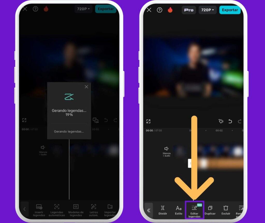 Tela de processamento de legendas automáticas do CapCut e área de edição com indicativos em "Editar legendas"