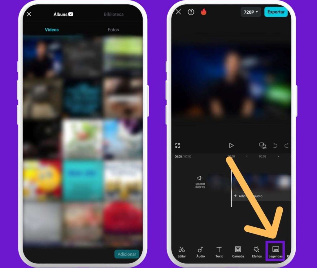 Tela de seleção de arquivos de mídia do CapCut e área de edição com indicativos em "Legenda"