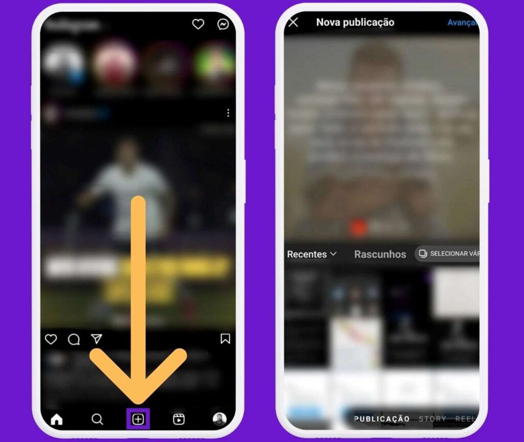 Captura de tela inicial do Instagram com indicativos de onde criar nova publicação e outra na tela de seleção de arquivos de mídia