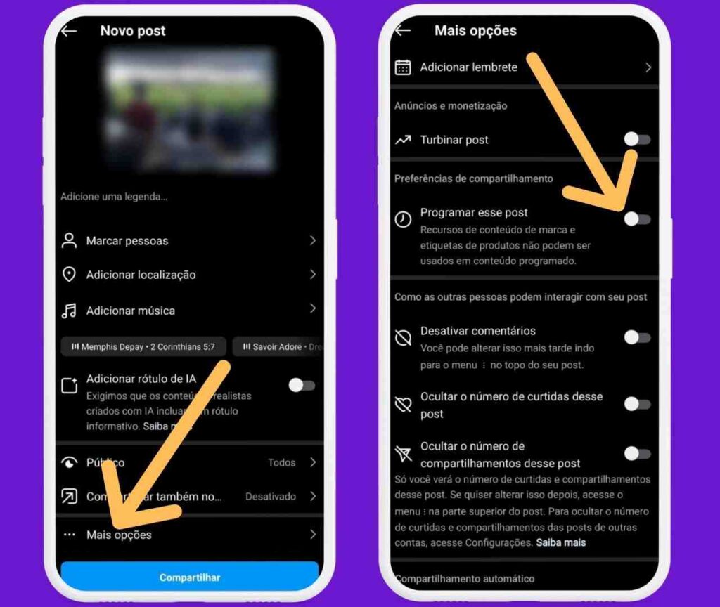 Configurações de novo post no Instagram com indicativos em "Mais opções" e depois em "Programar esse post"