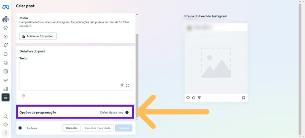 Indicativos em "Opções de programação" em tela de criação de post do Meta Business Suite