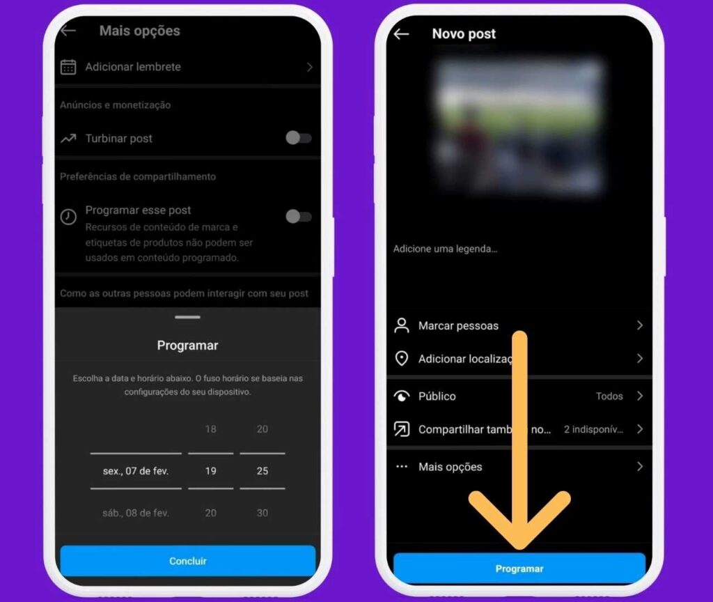 Menu de programar post Instagram com seleção dia e horário e tela de publicação com indicativos em "Programar"