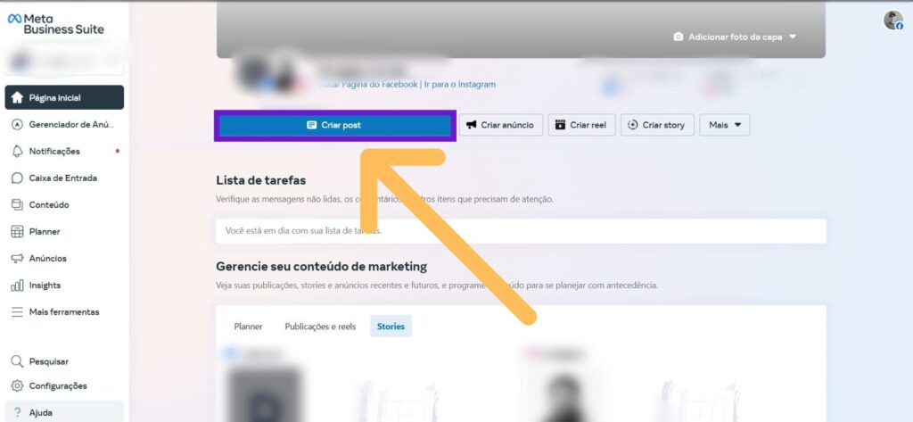 Tela inicial do Meta Business Suite no PC com indicativos em "Criar post"